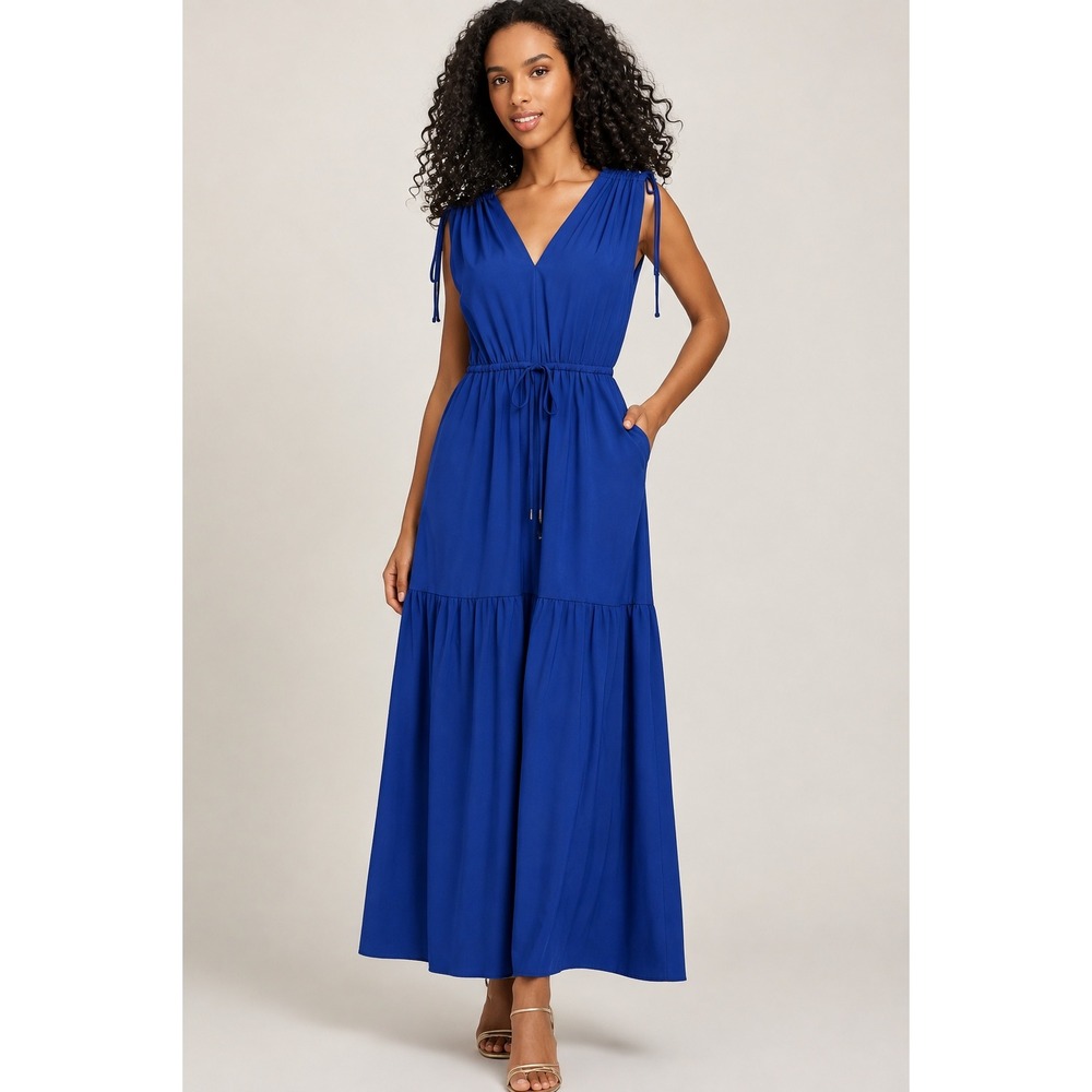 Calvin Klein Royal Blue Tiered V-Neck Maxi Dress Size 16 Drawstring Waist